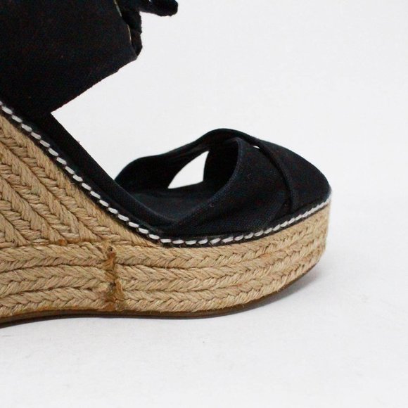 TORY BURCH Black Lace Up Canvas Espadrille Wedges item #40426